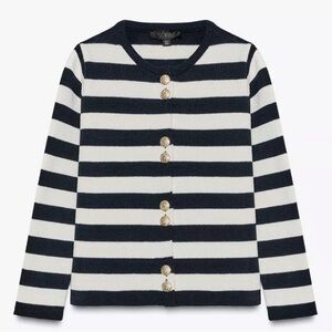 Zara Navy and White Striped Cardigan with Gold Buttons | S